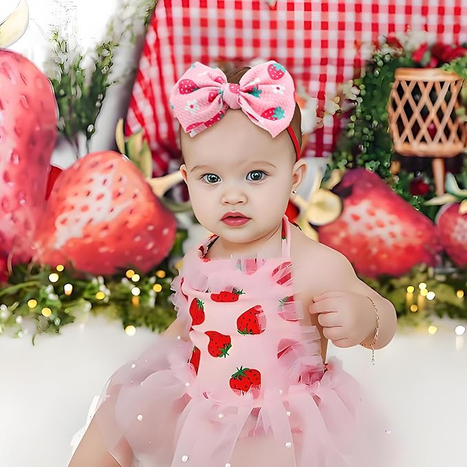 3 Pcs Baby Girl Headbands 4.5’’ Pink Bows Strawberry Hair Accessories Summer Outfits for Newborn Infant Toddler Girls Clothes