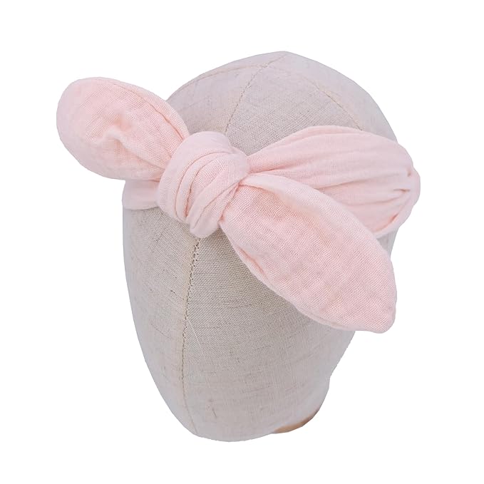 Sugarmelon Original Cotton Gauze Headband for Newborn Toddler Infant Baby Girl Kids Muslin Cotton Hair Bow Headbands Turban Elastic Hair Bands (2 pcs Light Pink)