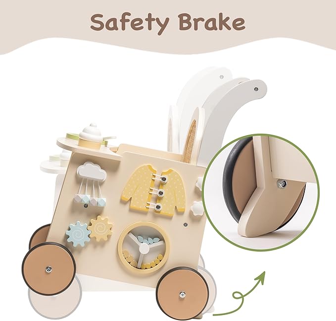 ROBOTIME Wooden Baby Walker, Baby Push Walker, Baby Activity Center Toys - Toddler Walking Activity Center Push Toys with Safety Brake, Baby Walker for Motor Skills (Rattan Doll Walker)