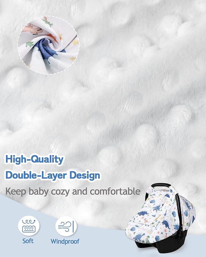 Car Seat Cover Baby Boy, Infant Carseat Covers with Mesh, Dual-Layer Protection for Summer Winter, Easy Access Newborn Canopy Breathable, Windproof & Fit Baby Stroller, Dinosaur