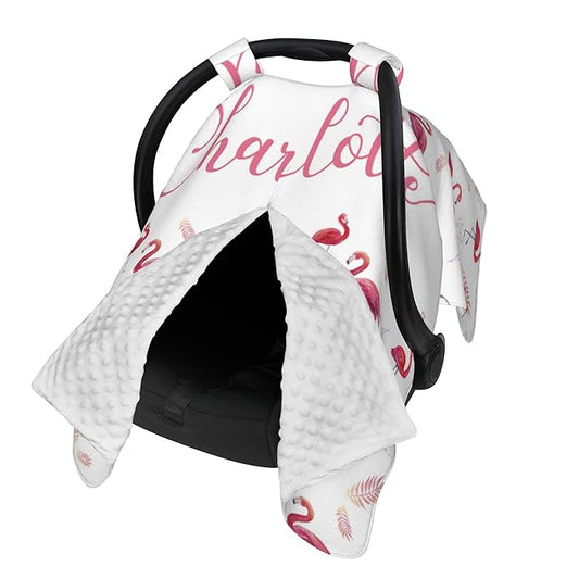 Personalized Car Seat Covers for Babies Custom Name Car Seat Canopy for Newborn Baby Boys Girls 2 in 1 Mom Nursing Breastfeeding Covers Flamingo Minky Baby Carrier Covers with Peekaboo Opening