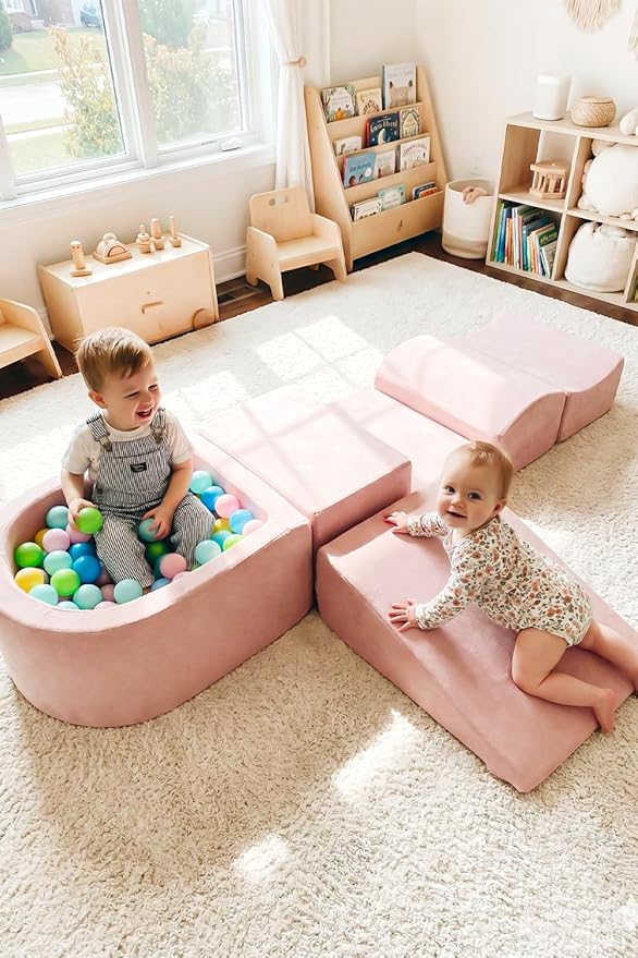 INFANS Climbing Toys for Toddlers, Foam Climbing Blocks and Ball Pit for Baby, 5pc Kids Climb and Crawl Block Activity Structure Play Set, Indoor Foam Play Gym for Crawling and Sliding