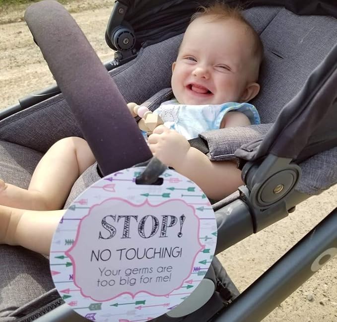 Three Little Tots Two Pack - Pink Arrow No Touhing Baby Car Seat and Stroller Signs - CPSIA Safety Tested