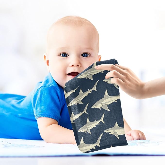 vvfelixl Baby Muslin Washcloths Sharks in Ocean Baby Burp Cloths Cotton Babys Face Towel for Newborn Infants Boys Girls Soft and Absorbent 11.8 X 11.8 in, 3 Pack