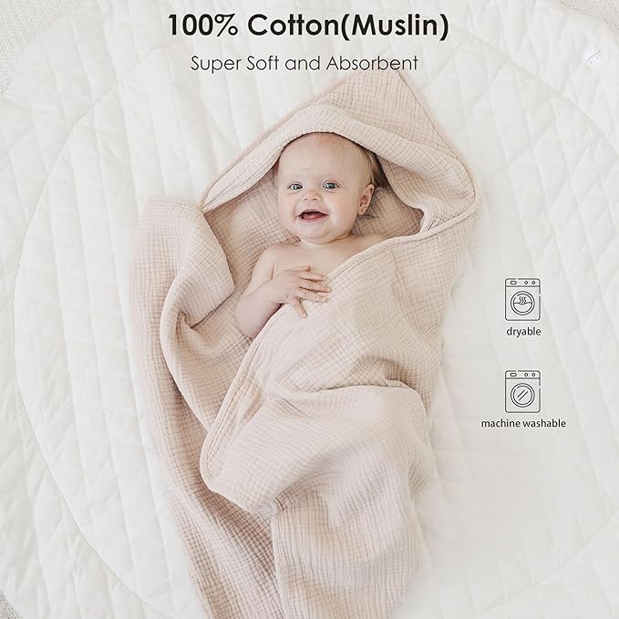 MairMore Muslin Baby Towels with Hood for Newborn 100% Cotton Baby Bath Towels Soft & Absorbent Hooded Baby Towel for Boys and Girls, Large Size - 32 * 32 Inches