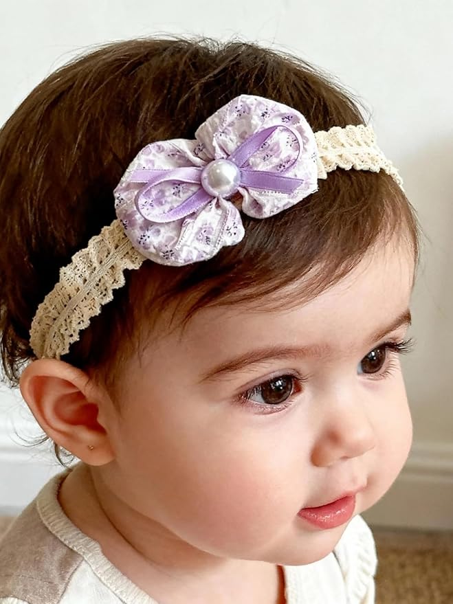 Baby Girls Hairbands Bow Lace Headband Handmade Soft Stretchy Pink Bowknot Hairbands Newborn Hairband with Bows Elastic Hair Bands for Kids Infant(Purple Pearl Bow
