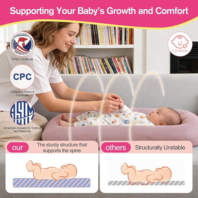 Baby Lounger for Newborn, 0-24 Months, Soft Cotton, Infant Lounger for Home and Travel, Portable Playtime Baby Nest, Including Cover(Pink), Pallet of Product