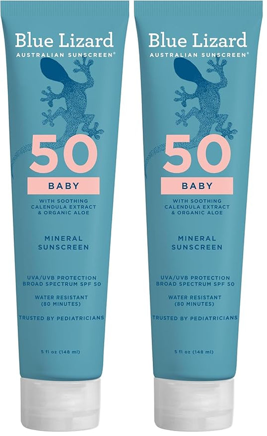 Blue Lizard BABY Mineral Sunscreen with Zinc Oxide,SPF 50+,Water Resistant,UVA/UVB Protection with Smart Cap Technology - Fragrance Free,5 oz. Tube,(Pack of 2)