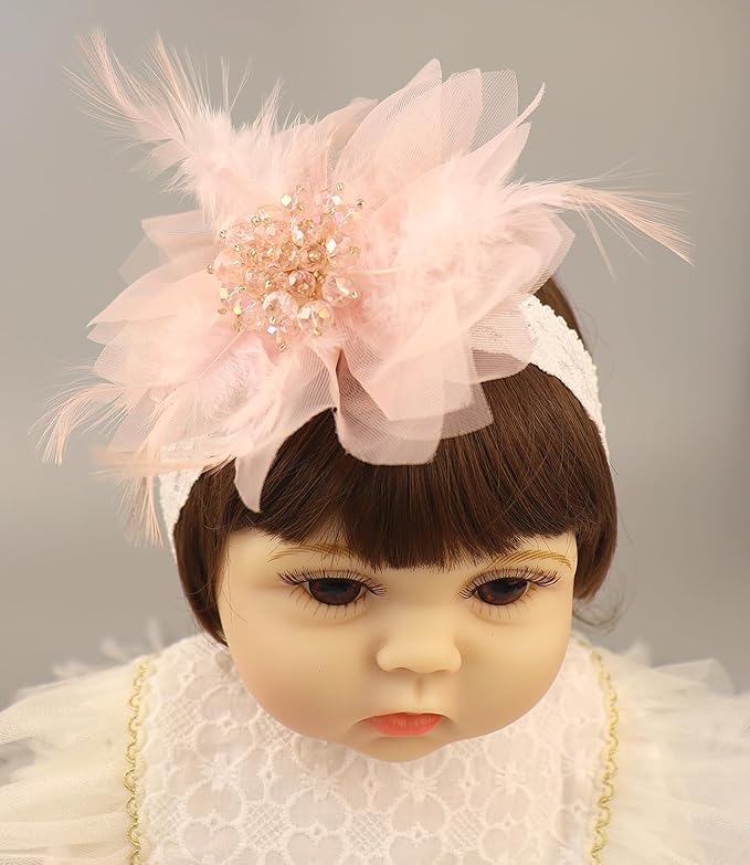 Bethynas Baby Girls Lace Feather Headband Beads Gauze Flower Elastic Toddler Hairband Birthday Party Princess Hair Accessories for Newborn Infant (Pink)