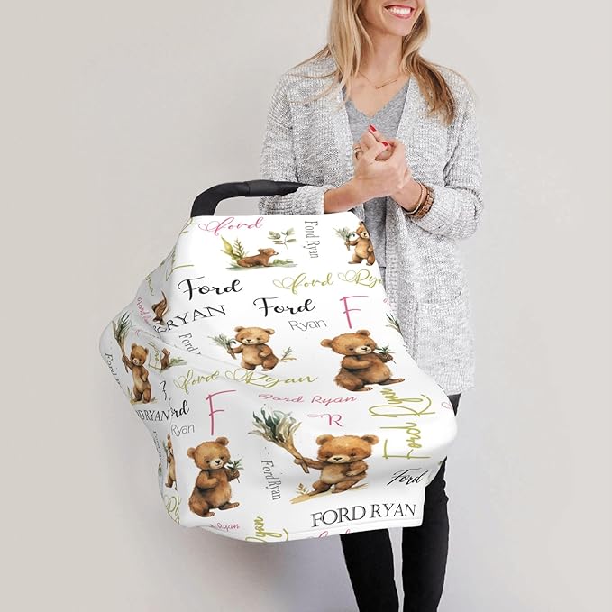 Personalized Baby Car Seat Covers for Babies, Custom Bear Nursing Breastfeeding Carseat Canopy with Name, Infant Stroller Covers for Newborn Girls Boys, Breathable Carseat Cover