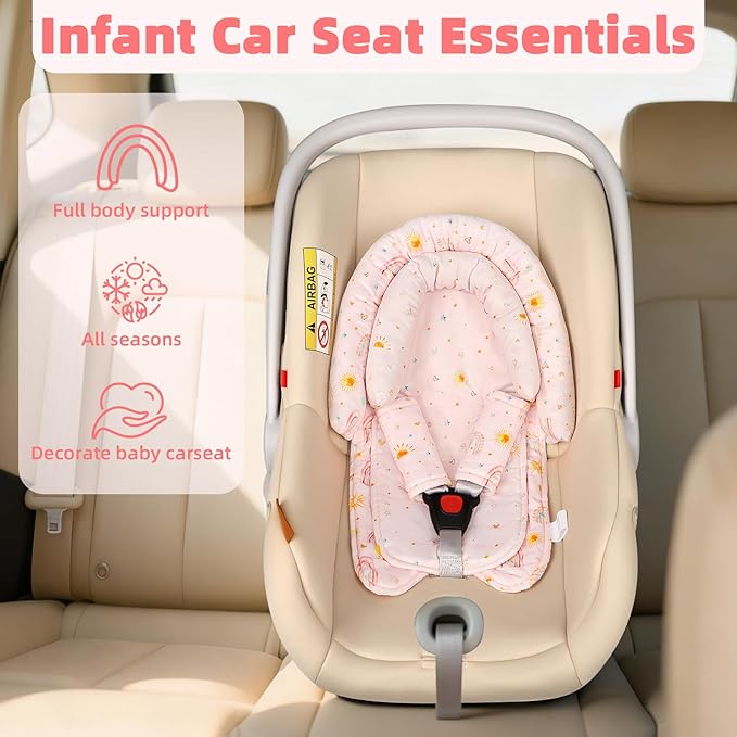 2-in-1 Infant Car Seat Insert, Upgraded Newborn Carseat Insert, Breathable & Soft Baby Car Seat Head Support with 2 Strap Covers for Girls, Perfect for Carseat, Stroller, Swing, Pink