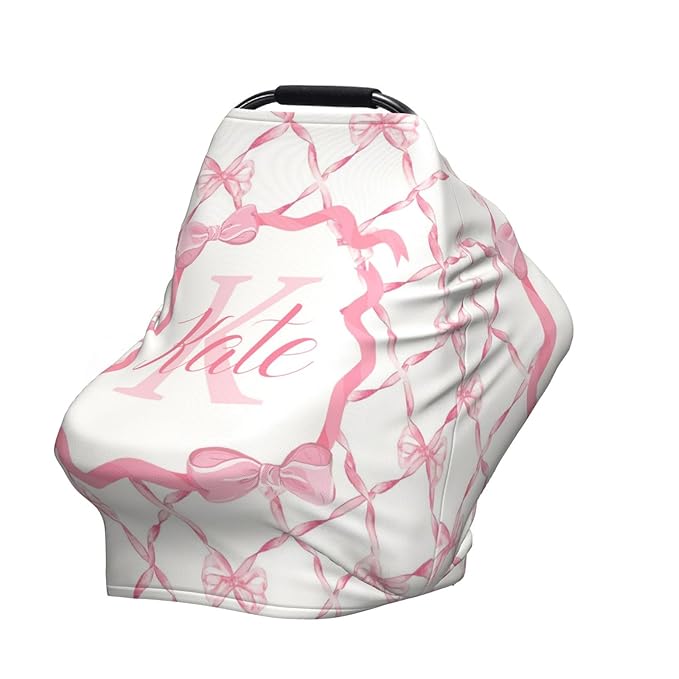Personalized Baby Car Seat Cover for Girls, Custom Pink Bow Nursing Covers for Breastfeeding with Name, Infant Stroller Cover, Baby Carseat Canopy for Newborn, Multiuse Car Seat Canopies