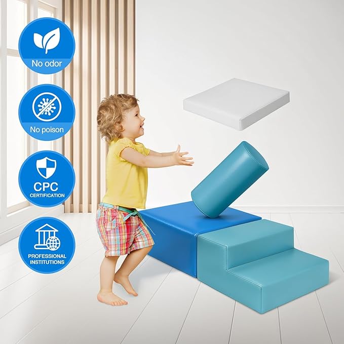 6-Piece Soft PU Leather Toddlers Climbing Toys for Baby - Kids Foam Climbing Blocks for Toddlers Indoor - Climb & Crawl Soft Foam Block Activity Play Set - Toys for Kids Crawling Sliding (Mixed Color)