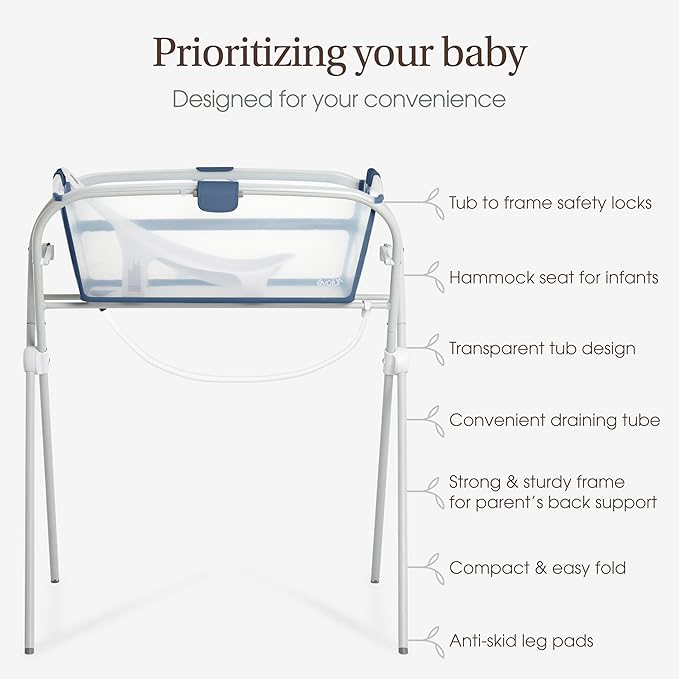Evolur Supple Baby Spa Set with Infant Bathtub, Hammock Support Seat & Metal Frame, Newborn Tub for 0–12 Months, Complete Baby Care Essentials Gift Set for New Parents, Navy Blue