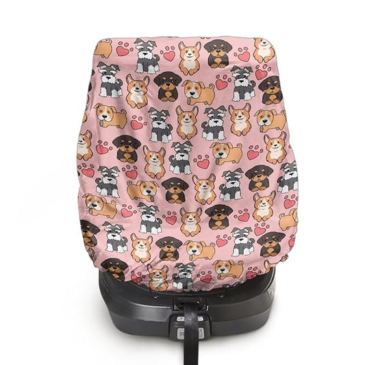 Car Seat Sun Shade Cover Dog Print Car Seat Cover Baby Carseat Covers Universal Baby Travel Accessories Keeps Baby's Carseat at Cooler Temperature, Blocks Out Heat & Sun UV Covers