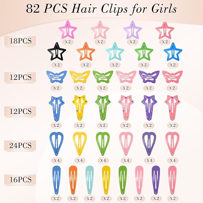 obeoby 82 Pcs Colorful Hair Clips for Girls, 5 Shapes Cute Metal Snap Hair Clips Heart Star Butterfly Barrettes for Kids Baby Toddlers Accessories Daughter Birthday Gifts Graduation