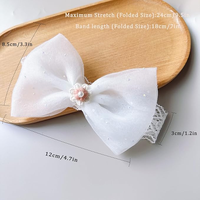 Baby Girls Headband White Bow Lace Headbands Soft Elastic Bowknot Hairbands Cute Hair Accessory for Newborn Kids Infant Toddler Baptism Birthday Party (Pink Flowers)