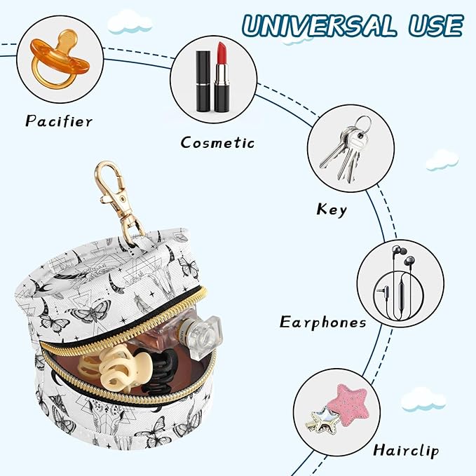 Western Skull Butterfly White Print Pacifier Holder Case for Diaper Bag Portable Travel Pacifier Storage Case with Clip Newborn Baby Pouch for Baby Boys Girls Purse Outdoor