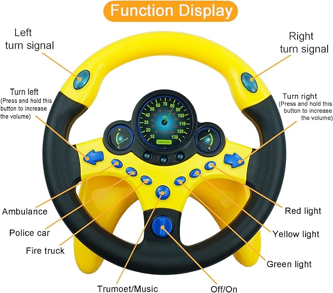 RedCrab Steering Wheel Car Driving Simulated Toy with Light and Music for Kids, Pretend Driving Seat Toys,Baby Electric Early Learning Educational Toys for Boys and Girls(Yellow)