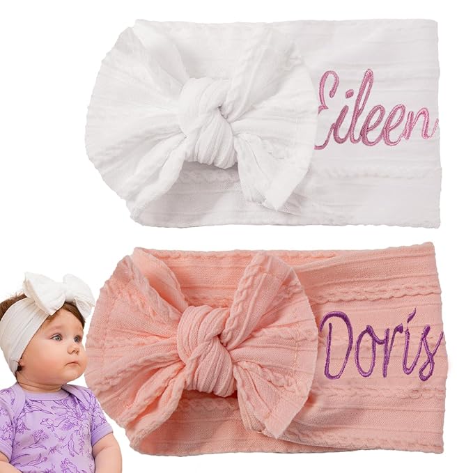 Ulico 2 Pack Personalized Girl Headband,Custom Baby Girls Headband with Embroidered Name, Newborn Headbands with Bow