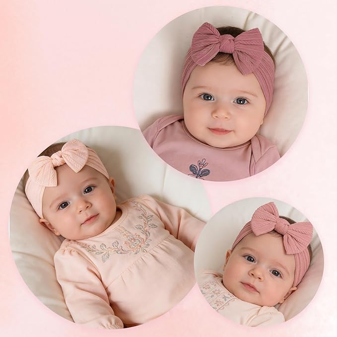 baotongle 3pcs Baby Girls Headbands Soft Stretchy Nylon Hair Bands Hair Accessories with Bows for Newborn Baby Girls Infant Toddlers Kids(Blush Pink,Dusty Rose，Magenta, 5.7inches)