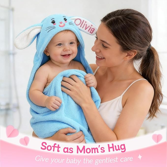 Custom Hooded Bath Towel with Name, Personalized Highly Absorbent Bunny Towels, Baby Bath Towels for Girls Boys, Easter Brithday Shower Gifts for Baby, Toddler, Newborn (Blue)