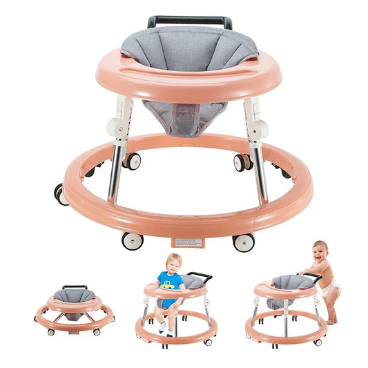 Baby Walker Foldable with 6 Adjustable Heights, Baby Walker with Wheels Portable, Infant Toddler Walker for Baby Boy Girls 6-18 Months (Pink)