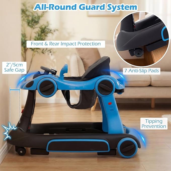 INFANS 6-in-1 Foldable Baby Walker, Converts Push Car to Bouncer, Rocker with Music, Lights, Adjustable Height & Speed, Activity Center, Canopy for 7-18 Months (Blue)