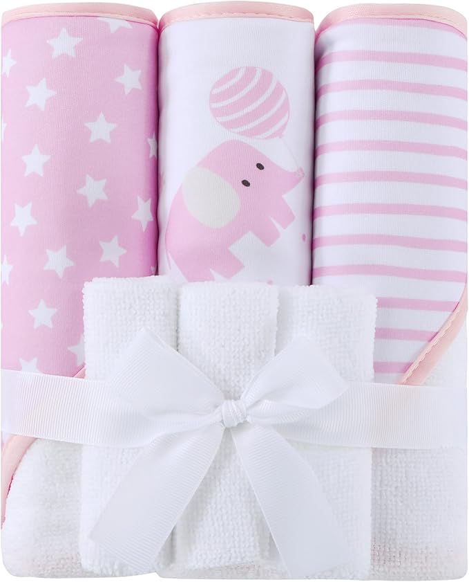 Viviland 6 Pcs Hooded Baby Towels and Washcloths Set, Super Gentle Bath Towels for Newborn Face & Body, Absorbent Wash Cloth for Infants Girls, Pink-Elephant Pattern, 28 x 28 inch