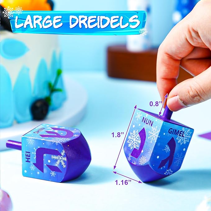 Wonderjune 2 Pcs Hanukkah Dreidels Extra Large Wooden Dreidel for Hanukkah Decoration with English Transliteration, Forever Spinning Tops Party Favors(Snowflake)