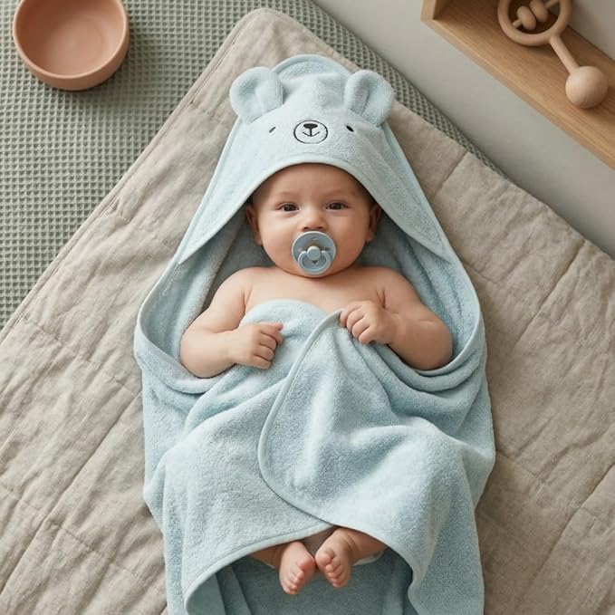 Hooded Baby Towels - 100% Organic Cotton Baby Bath Towels, 32" x 32" Super-Soft and Absorbent Baby Towels for Newborn Baby Boys 2-Pack (Bear Fog/Baby Blue)