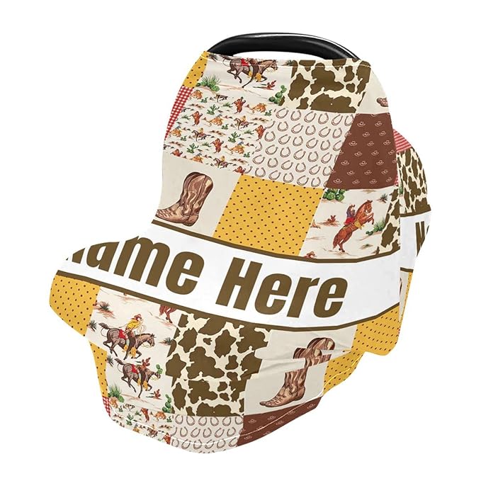 Personalized Cowboy Baby Car Seat Cover for Babies with Name, Custom Western Style Baby Car Seats Canopy for Boys Girls, Nursing Breastfeeding Stroller Covers Infant Car Seat Blanket for Newborn