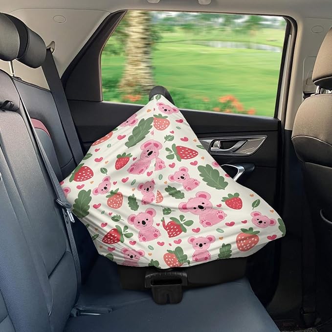 Wanyint Koala Strawberry Print Car Seat Cover for Babies Canopy Cover for Boys and Girls Nusring Cover for Breastfeeding Breathable Soft Carseat Canopy