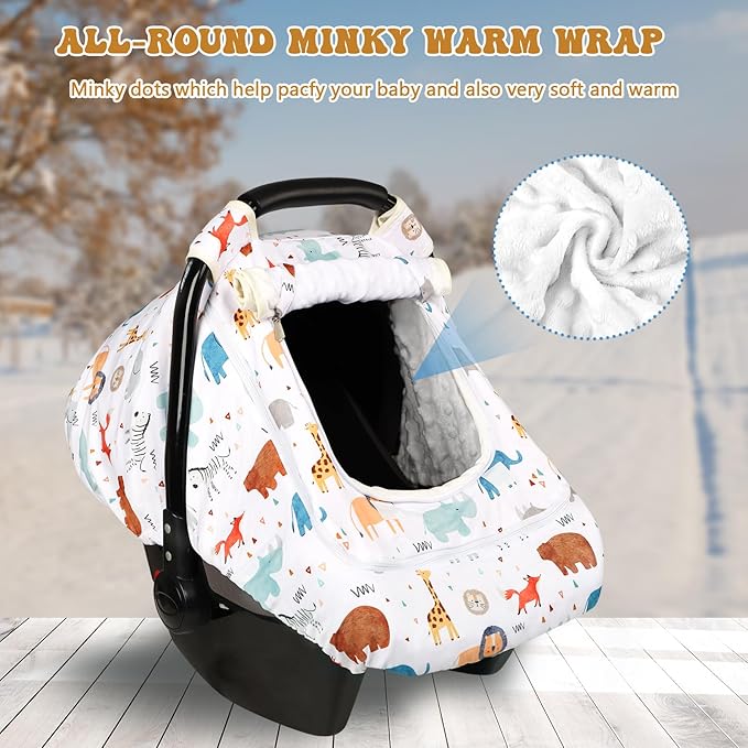 Baby Car Seat Cover for Boys, Infant CarSeat Covers with Mesh Man Fai Sky, Multi-Functional Newborn Canopy Breathable for Summer Winter, Windproof & Universal Fit, Animal