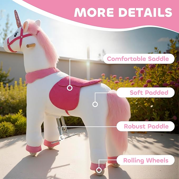 Qaba Ride on Horse for Kids 4-7 Years, 37.8 Inch Height Plush Riding Unicorn, Walking Horse Animal with Rolling Wheels for Active Play, No Batteries Required, White