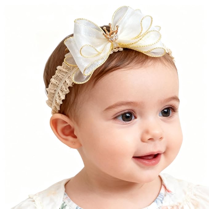 Handmade Baby Girl Headbands in Beige Baby Bows and Floral Lace Headband Bows for Newborns and Toddlers Cute Baby Girl Bows and Newborn Headband Bows