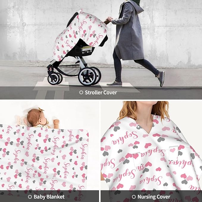Personalized Baby Car Seat Canopy with Name, Hearts Infant Carseat Canopy, Nursing Breastfeeding Stroller Cover for Newborn Girls