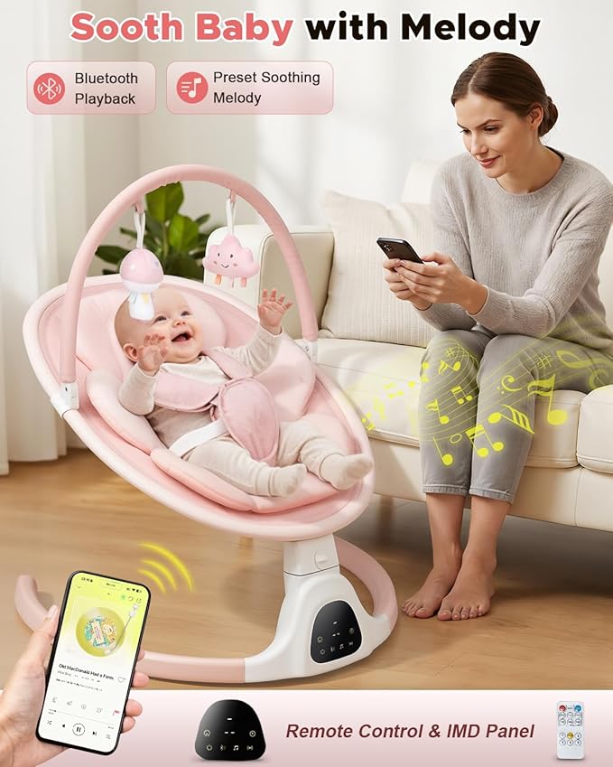 Baby Swing for Infants, Infant Swing with 5 Swing Speed, Built-in Lullabies, 5-Point Harness, Electric Infant Swing with Bluetooth for Indoor & Outdoor Use (Pink)