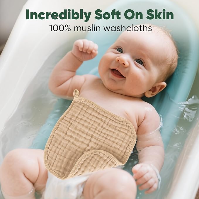 MIGIOL Baby Washcloths 100% Cotton Size is 12x12 inches. Lightweight, Portable, and Ideal for use at Home or on The go. (White & Grey 6 Pieces)