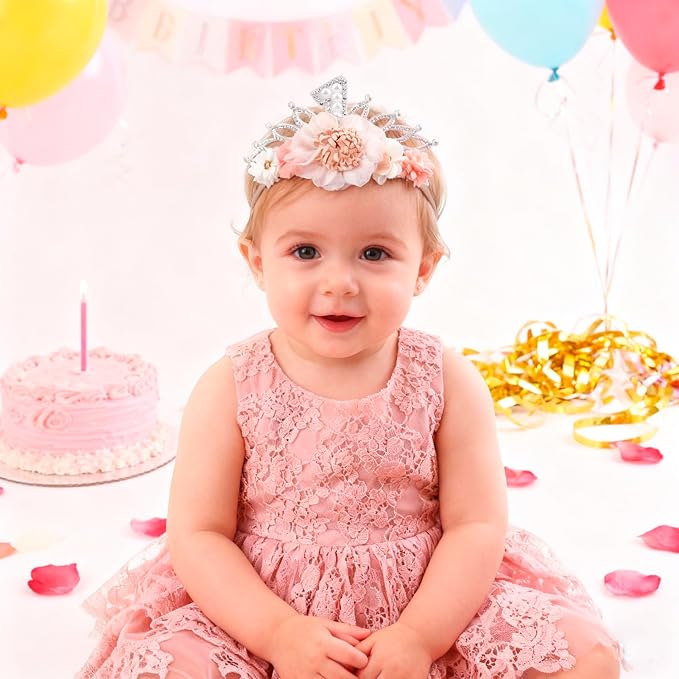 cherrboll Flower Headband Birthday Crown for Girl, Floral Nylon Hairband for 1-3 Years Old Toddler, First 1st Birthday Party Dress Photo Decoration Hair Accessory