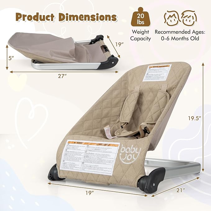 BABY JOY Baby Bouncer, Foldable Bouncer & Stationary Seat with 5-Point Safety Harness, Removable Fabric Cover, Portable Infant Bouncer Seat for Newborns Baby 0-6 Months (Beige)