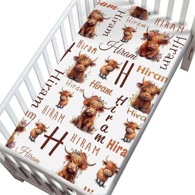 Personalized Name Pack and Play Sheets for Baby Boy Girl, Customized Pack n Play Sheets with Name, Custom Stretchy Mini Crib Mattress Fitted Sheets, Playard Playpen Sheet, Highland Cow Cattle