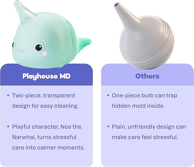 Playhouse MD Booger Buddy Nasal Aspirator Bulb, Narwhal - with LED Light for Babies & Toddlers – BPA-Free Snot Remover for Infant Stuffy Nose and Congestion Relief – Easy to Clean Design