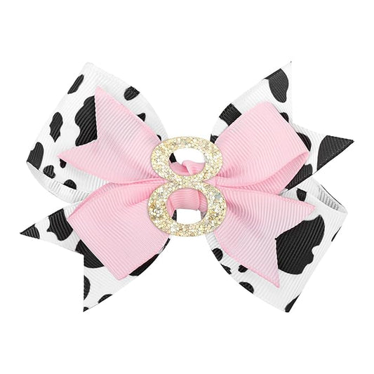 YanJie 4'' Baby Girl Birthday Hair Bow for 8 Year Old Girls Cow Print Glitter Pink Toddler Hair Clips Hair Accessories Birthday Bows for Eight Years