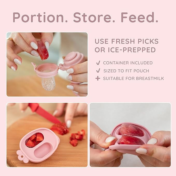 Baby Fruit Feeder & Popsicle Molds Set – Baby Food Feeder Nibbler, Breastmilk Popsicle Molds, Grip Handle, Safety Strap & Cleaning Brush – Feeding Essentials 6–12 Months (Pink)