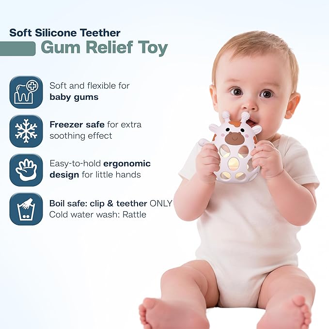 Giraffe Baby Teether with Pacifier Clip - 3 in 1 Teething Toy, Rattle & Clip Set, Food Grade Silicone BPA Free, Baby Teething Toys 3-6 Months, Baby Toys 6-12 Months