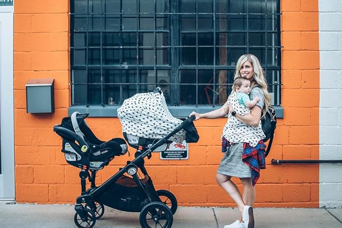 Stretchy Baby Car Seat Cover Canopy with Snaps Multi-use Nursing, Shopping Cart, & High Chair Cover 4 in 1 Design "Cross" Super Soft, Breathable Fabric Baby Shower Gift