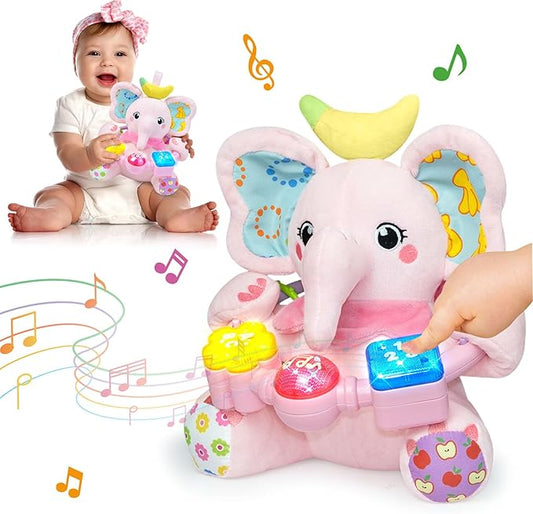 Ryotagift Baby Bilingual Musical Elephant Stuffed Animals Toys,Infant Early Learning Toy with Light-Up Music & Crinkle,Tummy Time Toys for 0 3 6 9 12+ Months for Baby Boy Girl Gift,Pink