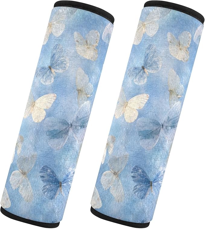 2 Pack Seatbelt Covers Seat Belt Cover Pad for Adults Boys Girls Car Seat Strap Covers Pads Cushion Universal Shoulder Strap Pad Protector for Backpack Camera Bag 6.5 Inch Sky Blue and White Butterfli