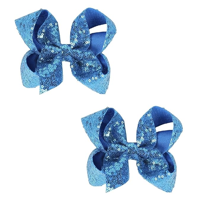 6 Inch Blue Sparkly Glitter Sequin Hair Bows for Girls Toddlers Kids Children Teenage (2PCS)